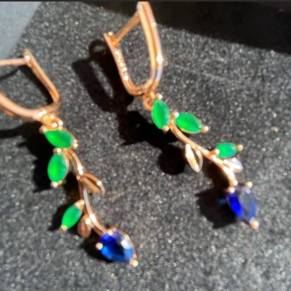 Natural Green and Blue Zircon Flower Drop Earrings 585 Rose Gold Plated New - Picture 2 of 8